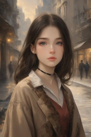 1girl, fine art parody, oil painting style, masterpiece quality, walking in victorian city, close up, stunning image, light particles. johaneli, perfect face, black hair, looking at viewer