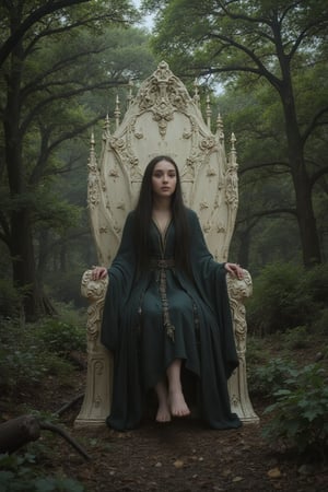 Galadriel sat on her beautiful ivory throne in a forest fortress, cloak, long black hair, small delicate elven ears, elven features, slender and poised, johaneli

Fantasy Art Style, Middle Earth Concept Art, Lord of the Rings art design, high details, incredible detail, intricate details, Fantasy detailers, Skaven