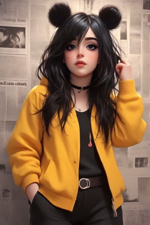  big black hair, hair flowing over, messy hair, choker, closed mouth, collar, dog tail, hand in pocket, hat, hat with ears, hood, hoodie, jacket, yellow jacket, long hair, long sleeves, looking at viewer, nail polish, open clothes, open jacket, newspaper wall background, johaneli,emoart,Fantasy detailers 