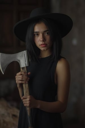 babychola (woman), black short hair, poses in the movie tagatha, with a hat on her head, an ax in her hand, her eyes focused forward, movie light and shadow, black tone