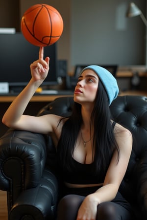 Photorealistic 8k RAW photo of Billie Eilish (black hair) wearing a light blue beanie. She is seated on a black couch, with her left hand raised in the air, balancing an orange basketball on her index finger. Her eyes are focused on the basketball, looking to the right. The background is blurred, featuring a wooden desk and computer monitor. The image is ultra-detailed with high-resolution clarity, natural lighting, and a focused composition on his dynamic pose and muscular physique.