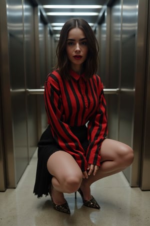 Artistic portrait photography of lilyco, short straight black hair, wearing a red and black striped shirt, black pleated skirt and black heels, ((squatting)), (on an elevator),FluxBoost,Fantasy detailers 