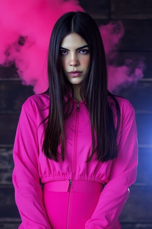 Real person. Capture a dynamic shot of naimav in radiant pink outfit. Hyper detailed face features. The bold fashion sense is amplified by the photorealistic style, showcasing unique persona: long black hair accentuating her confident pose. Framed against a dark, neon background, the girl exudes youthful energy and K-POP charisma. Stage and smoke on the background