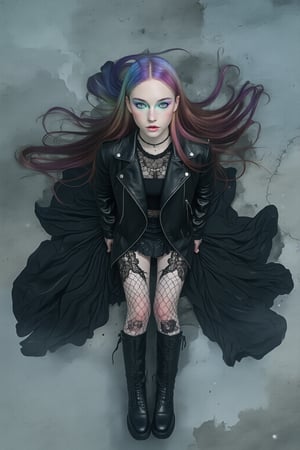 Dreamy art. Overhead shot of evamos in Black Cyberpunk leather jacket and boots, She has rainbow color hair. surrounded by a misty color palette of translucent blues, pale grays, and ethereal silvers, contrasting with hints of faded lavender and soft ghost green, incorporating indie fashion with flowing, otherworldly fabrics and vintage lace details.