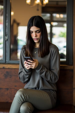 naimav is looking her smartphone at a Starbucks cafe, wearing baggy clothes. Great photography. The photo captures her emotions. Detailed skin.