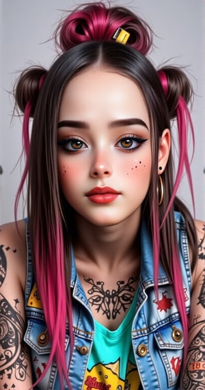 (((((A highly detailed, hyper-realistic portrait painting of a young woman with vibrant crimson black hair styled in an elaborate high bun and two long braided pigtails. The hair features intricate braids and is adorned with various accessories including paper clips, tags, small yellow rectangular labels, and a prominent brown card with 'UNS' written in white bold letters. The woman's face is covered in elaborate tattoos with intricate designs including swirls, leaves, geometric patterns, triangles, and symbols like hearts and anchors. She has striking brown eyes accentuated with heavy eyeliner and mascara, thick, well-defined eyebrows, and full lips with a glossy brown hue. Her skin is light beige with numerous small freckles scattered across her cheeks, nose, and forehead. The woman wears large hoop earrings on both ears, with one ear featuring multiple gauges. She's dressed in a denim jacket with various colorful patches, including a prominent yellow patch with frayed edges and the text 'BooAI' in red bold letters, over a turquoise shirt. The jacket features intricate tattoo-like designs, with the word 'CH' visible on the left shoulder. The background is plain light gray, ensuring all focus remains on the subject's detailed features and vibrant appearance. The lighting is soft and even, highlighting the textures and colors of the tattoos, hair, and accessories, while creating a balanced exposure that brings out the intense colors and intricate details of this modern, edgy, and artistic portrait))))., QTGIRLREAL,REALNIME, johaneli