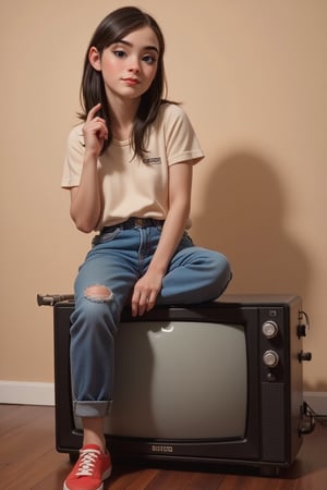 high-resolution image of a woman (johaneli, black hair), wearing casual clothes and red converse sneakers, (sits on top of a stack of vintage televisions), old CRT televisions, contemporary, retro, minimalism, warm earthy tones, neutral background, soft diffused lighting, gentle shadows, 50mm lens, grain effect, dreamy nostalgic vibe, (masterpiece, best quality, ultra detailed:1.3), detailed photograpghy,csrlds,Hollywood Cinematic Film style,epic photography,dramatic light,Kodak film style