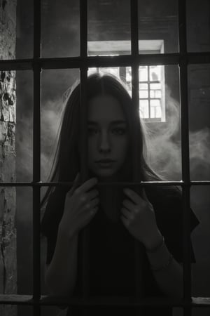 A DSLR-quality, highly detailed photo of a woman (evamos) standing behind prison bars, pulling on the bars. Black and white beautiful photography. Lights and shadows on her face. She is sad. Cinematic lighting creates dramatic shadows and highlights, enhancing the eerie atmosphere. Beautiful atmospheric light filters through the bars, adding a surreal, haunting quality to the scene. Haze. 