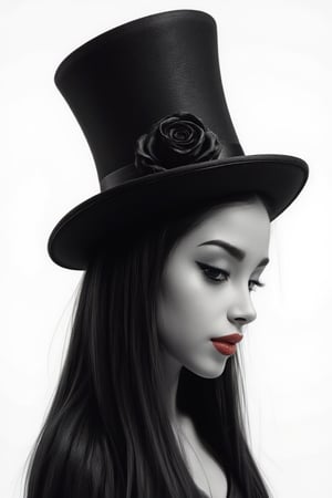 A black-and-white photo of a woman (johaneli, black hair) with a gothic-inspired appearance. She wears a tall, elegant hat adorned with a single dark rose. Her face has smooth, flawless skin tones. Her lips are a deep red. The background is stark white. The artwork plays with dualities--smooth versus rough, light versus dark--and evokes a sense of gothic elegance with a touch of surrealism. 32KUHD