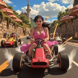 Hasselblad X1D II 50C, cinematic lighting, high contrast, ISO 100, with a 35mm wide-angle lens.
A high-energy, live-action videogame scene of a woman (johaneli, black hair) in the middle of a high-speed chase, like mariokart. She is wearing a victorian pink dress with a white scarf billowing behind her in the wind, as she sneers with delight, gripping the wheel of her souped-up, steampunk-style race kart. The kart's exaggerated, cartoonish design features oversized wheels, exhaust pipes spewing thick smoke, and various gadgets sticking out, ready for sabotage.

The scene is set on a road surrounded with giant mushrooms on one side and a castle at the other. Behind her, other racers are caught in the chaos, dodging traps and obstacles set by her, like banana peels and red shells. The background blurs from the speed, and the lighting highlights the intense action, with sparks flying and debris scattering as cars crash and swerve around her. The scene captures the humor, action, and chaos of a live-action **Mario Kart**.,emoart,egmid