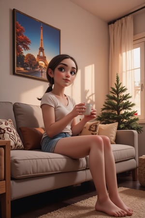 A stunning illustration of a living room with a sofa. The walls are adorned with a canvas painting of paris. A beautifully decorated Christmas tree is in the corner, and pillows are scattered on the sofa. A woman (johaneli, black hair, ponytail) is sitting on the sofa, holding a steaming cup of coffee. Wearing denim shorts, barefoot. The sunset sun is shining through the window, casting a warm glow on the room. The image is of the highest quality, with intricate details, cozy, comfortable, front view,