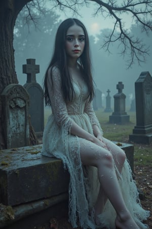 A hauntingly beautiful, spooky graveyard under a misty, moonlit sky, with tombstones partially obscured by thick fog and twisted, barren trees casting eerie shadows. An extremely beautiful girl with pale, porcelain skin and dark hair sits gracefully on a weathered tombstone. She wears a white, flowing, and slightly revealing gown that drapes around her, blending with the fog, as if she’s part of the spectral scene. Her expression is calm and mysterious, with delicate, ethereal features that add an air of enchantment. Hyperrealistic, high-resolution, finely detailed textures, creating a chilling, captivating atmosphere. johaneli