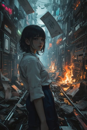 ((young beautiful woman, detailed worried face, very short bob hair, dark hair, dark brown eyes, pale skin, looking at viewer, hyper realistic, realistic, lifelike texture, collared white blouse, navy skirt, fills 1/6 of scene, full body view of woman)), A chaotic construction site with smoldering, melted GPUs scattered among tangled wires and broken server racks, illuminated by sparks and flickering emergency lights, oversized unpaid bills raining down from above, glitching reality with fragmented pixels and distorted perspectives, shattered glass-like fragments of websites suspended in mid-air, a surreal landscape of error messages and loading screens stretching to the horizon, mind-bending optical illusions and impossible geometries warping the scene, vibrant neon colors clashing with muted, burnt-out tones, hyper-detailed textures and photorealistic rendering, dramatic lighting with strong contrasts and lens flares, extreme wide-angle perspective with deep depth of field, cinematic composition following the rule of thirds, intricate foreground elements drawing the eye into the image, 8K resolution, ultra-sharp focus, award-winning digital art, trending on ArtStation, mind-shattering, reality-defying, breathtakingly surreal,emely