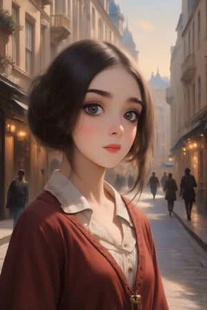 1girl, fine art parody, oil painting style, masterpiece quality, walking in victorian city, close up, stunning image, light particles. johaneli, perfect face, black hair, looking at viewer