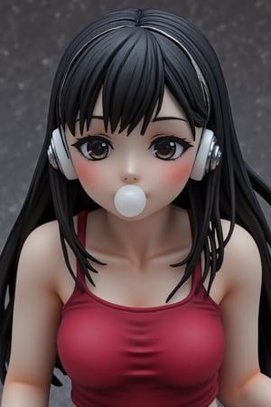 pvc figure,
Score_9, score_8, score_7, source_cartoon, BREAK, masterpiece, detailed, black eyes, detailed eyes. johaneli, long black hair, black crop top, bubble gum, headphones