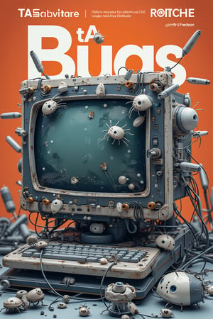 Magazine cover with title((( text“ TA ComfyUI bugs"))), caricature of damaged computer as cover Realistic , modern (((Realistic  style)))