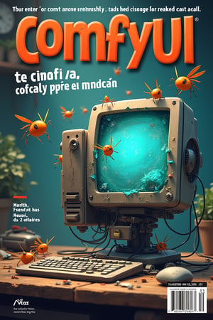 Magazine cover with title text(((“ TA ComfyUI bugs"))), caricature of damaged computer as cover Realistic , modern (((Realistic  style)))