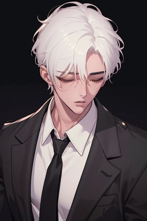 ((masterpiece, best quality, handsome, very aesthetic)), perfect face, 1boy, male_focus, white hair, short straight hair, cool haircut, brown eyes, black jacket, white shirt, black necktie, (close up), eyes closing,  dark background, 8k, illustration,more detail XL, by redice studio, solo levelling, 