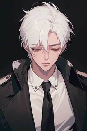 ((masterpiece, best quality, handsome, very aesthetic)), perfect face, 1boy, male_focus, white hair, short straight hair, cool haircut, brown eyes, black jacket, white shirt, black necktie, (close up), eyes closing,  dark background, 8k, illustration,more detail XL, by redice studio, solo levelling, 