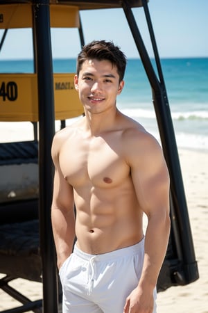 Best quality, 4k, 8k, masterpiece, ultra-detailed, photorealistic, man, straight hair, looking at viewer, brown hair, smiling, hazel eyes, upper body, outdoors, day, blurry, lips, blurry background, beach, fit, lifeguard tower, realistic, lifeguard, photorealistic

 standing on a sunny beach.