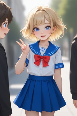 young boy, blonde hair, blue eyes, wearing a skirt
