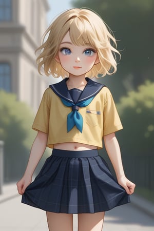 young boy, blonde hair, blue eyes, wearing a skirt
