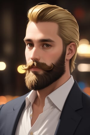 a man in his 30s, blonde slicked back hair, brown eyes, a beard and moustache, handsome