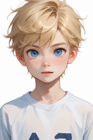 young boy, blonde hair, blue eyes, wearing a graphic shirt
