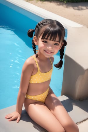 Frame: Medium shot, warm sunlight casting gentle shadows. Composition: Young girl sits at the edge of a sparkling blue pool, looking directly at the camera. She wears a vibrant yellow polka dot swimsuit, hair styled in adorable pigtails, with a few loose strands framing her smiling face. Lighting: Soft afternoon light illuminates the scene, with subtle highlights on her swimsuit and hair.