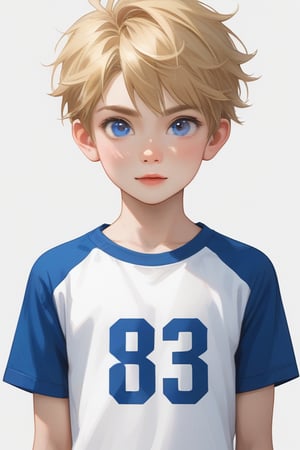 young boy, blonde hair, blue eyes, wearing a graphic shirt
