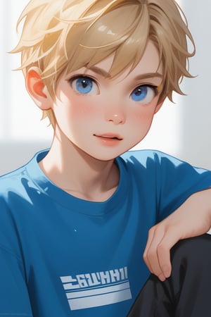 young boy, blonde hair, blue eyes, wearing a graphic shirt
