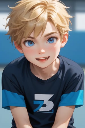 young boy, blonde hair, blue eyes, wearing a graphic shirt
