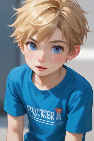 young boy, blonde hair, blue eyes, wearing a graphic shirt
