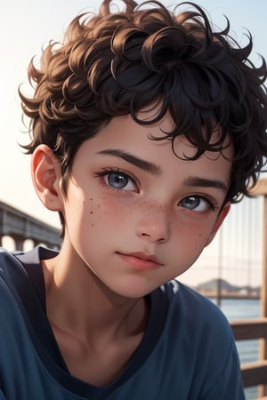 Close-up shot of an 11-year-old boy's face, warm sunlight casting a golden glow on his sun-kissed skin. His bright eyes sparkle with curiosity, surrounded by a scattering of freckles across the bridge of his nose and cheekbones. He relaxes against a soft focus background, his expression open and carefree, capturing a sense of youthful innocence. With curly hair and tanned skin.