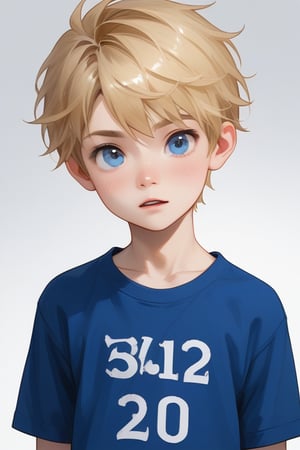 young boy, blonde hair, blue eyes, wearing a graphic shirt
