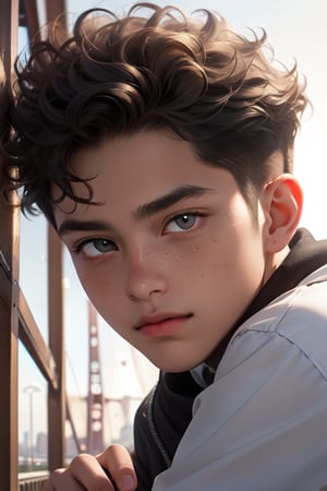 Close-up shot of an 11-year-old boy's face, warm sunlight casting a golden glow on his sun-kissed skin. His bright eyes sparkle with curiosity, surrounded by a scattering of freckles across the bridge of his nose and cheekbones. He relaxes against a soft focus background, his expression open and carefree, capturing a sense of youthful innocence. With curly hair and tanned skin.