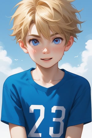 young boy, blonde hair, blue eyes, wearing a graphic shirt
