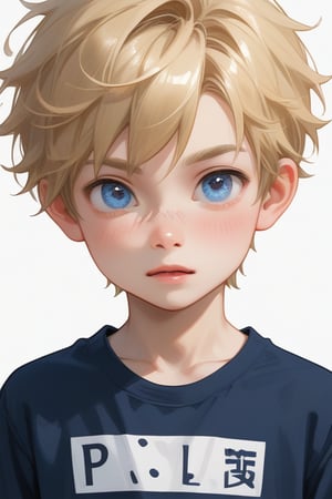 young boy, blonde hair, blue eyes, wearing a graphic shirt
