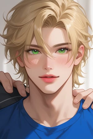 A boy with long blonde hair and soft green eyes, light blush, pink lips, blue shirt