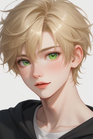 A young man with shoulder-length blonde hair and soft green eyes. 