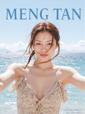 The prominent blue letters at the top of the magazine cover read 'MENG TAN':a Asian woman takes a fisheye selfie on a beach at sunshine, the wind blowing through her messy hair. The sea stretches out behind her, creating a stunning aesthetic and atmosphere with a rating of 1.2, ((poakl)), poakl ggll girl