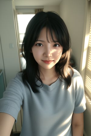 A black-haired girl in her room, taking a selfie with one hand, sunlight streaming through the window, casting a warm glow on her face. The room's background blends seamlessly with her, creating a realistic scene. The girl's expression is natural, with the sun's rays highlighting her features. The composition is centered, capturing the moment candidly.