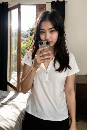 a black hair girl in her room, as if she was taking selfie with one of her hands. the sun is shining bright, and the background and the girl should blend in realistically. the sunlight should be visible on her face.