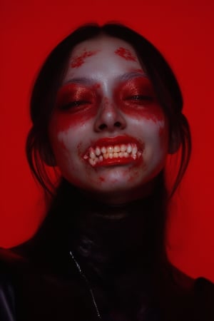 A woman with red makeup on her face, including a red lips, grinning, showing her radiant white sharp teeth,  standing in front of a red background. She appears to be wearing a black outfit and has dark hair. The image gives off an eerie vibe due to the contrasting colors and the woman's unique appearance..,Weird_Aquatic_Style,npl,