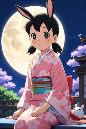 score_9, score_8_up, score_7_up, score_6_up, score_5_up, score_4_up, source_anime, anime coloring, minamoto shizuka, low twintails, 1girl, japanese clothes, solo, long hair, moon, kimono, full moon, smile, wagashi, food, sitting, layered clothes, pink kimono, floral print, animal ears, seiza, blush, rabbit ears, night, wide sleeves, layered kimono, mochi, short hair,