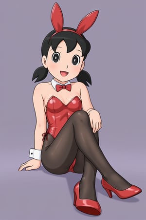 (1girl, solo, minamoto shizuka, black hair,black eyes, twintails, playboy bunny, black pantyhose, high heels, sitting, feet focus, legs up, looking at viewer,happy,full body),SFW
