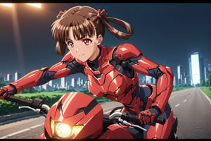 masterpiece, very detailed facial features, incredibly detailed, mood lighting, cinematic lighting, volumetric lighting, high detailed,very aesthetic, soratani natsuki, hair rings, twintails, red eyes, brown hair,1girl solo, a cyborg girl in mecha armor. black and red colored armor. exquisite face, soft shiny skin, gentle smile, upperbody shot, ., Riding a motorbike, wind in hair,city street or countryside road, dynamic pose, focused expression, Vibrant colors,Cobalt blue and yellow colors ,ek_an1_b00ster,ek_art_b00ster