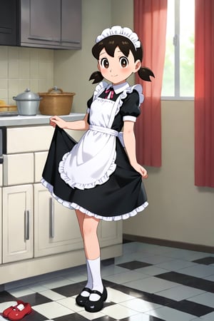 score_9, score_8_up, score_7_up, score_6_up, score_5_up, score_4_up, source_anime, anime coloring, minamoto shizuka, low twintails, 1girl, solo, smile, maid, black footwear, maid headdress, brown eyes, dress, white socks, short sleeves, apron, blush, skirt hold, shoes, looking at viewer, low twintails, crossed legs, full body, watson cross, white apron, mary janes, indoors, standing, reflective floor, closed mouth, brown hair, tiles, maid apron, short twintails, frills, kneehighs, curtains, black hair, tile floor, frilled dress, frilled apron, medium hair, black dress