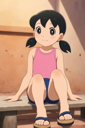 (masterpiece, top quality), high definition, artistic composition, (1girl, solo, minamoto shizuka, 10yo, black hair,black eyes, twintails,pink tank top, navy blue shorts, sandals, sitting, looking at viewer,happy)