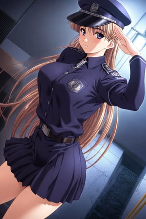 high detailed,very aesthetic, kanzaki asuka, 1girl, blonde hair, blue eyes,  A police officer, standing under a dim streetlight, modern skyscrapers background, wearing dark blue uniform, take a selfies, police cap, salute, a shadowy corner, light rain falls, mysterious atmosphere, police car, flashing lights, mist, Cinematic, dramatic lighting, high contrast, wide angle,